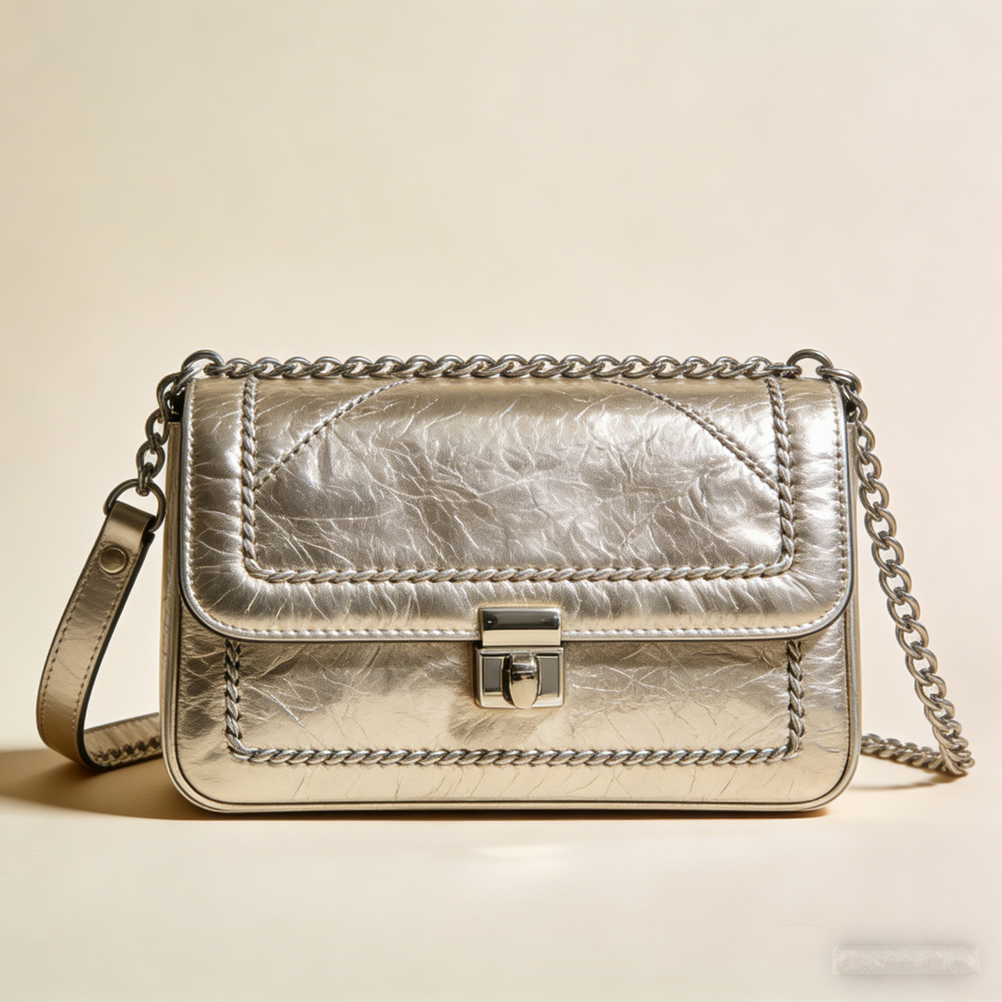 LumiStitch Glow: The Metallic Silver Crinkled Leather Shoulder Bag