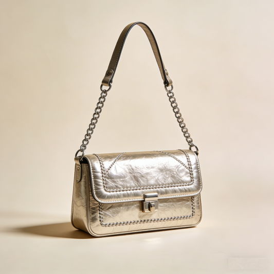 LumiStitch Glow: The Metallic Silver Crinkled Leather Shoulder Bag